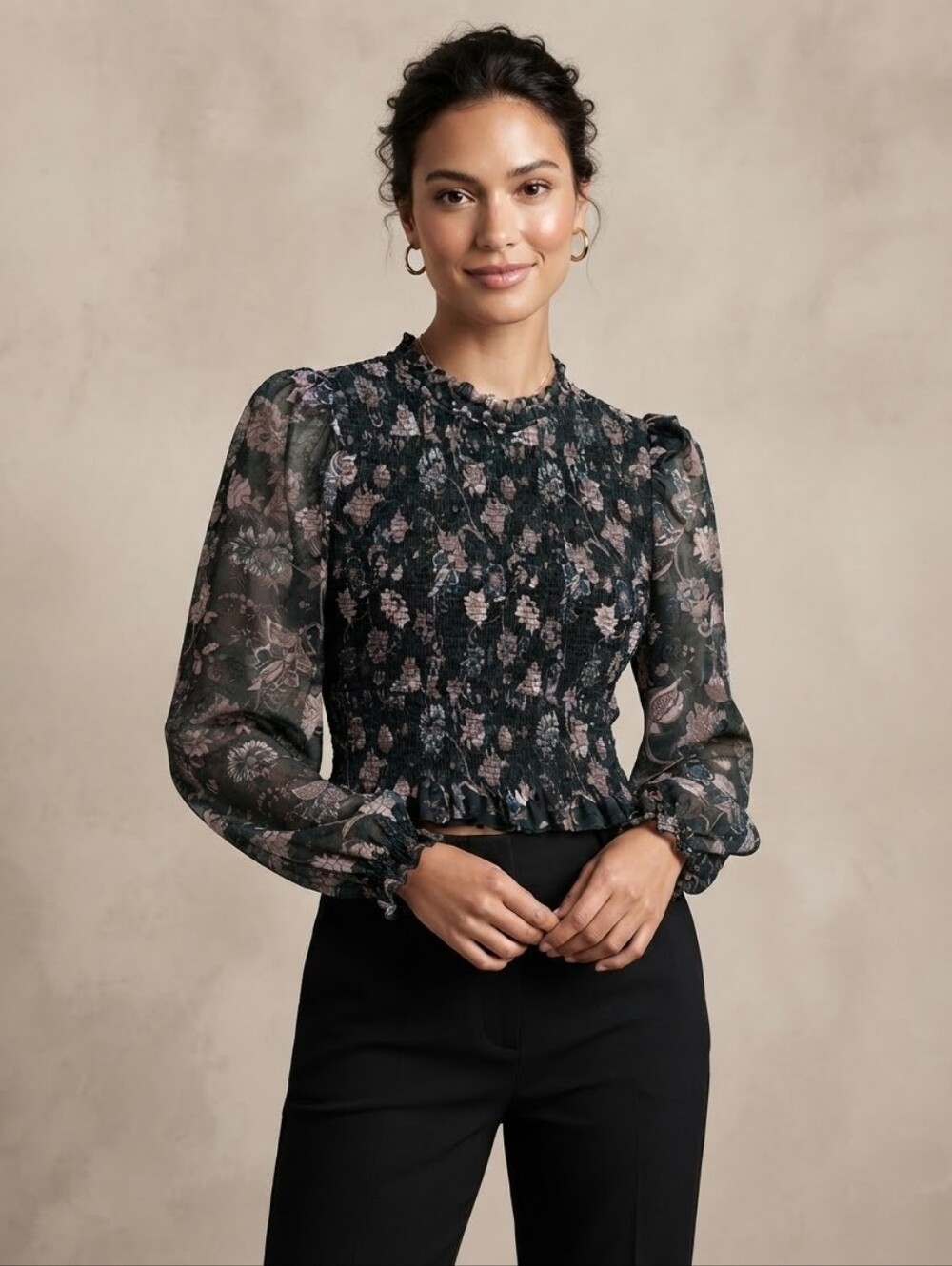 Wilfred Floral Smocked Sheer Sleeve Blouse Size Small
